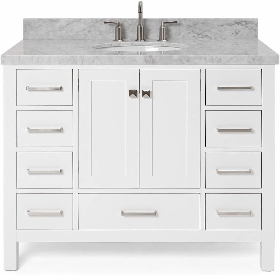 ARIEL Cambridge 43 Inch Bathroom Vanity, White Bathroom Vanity with Sink, Solid Wood Vanity Cabinet,1.5" Edge Carrara Marble Top, Oval Undermount Single Sink, 2 Soft Closing Doors, 9 Drawers