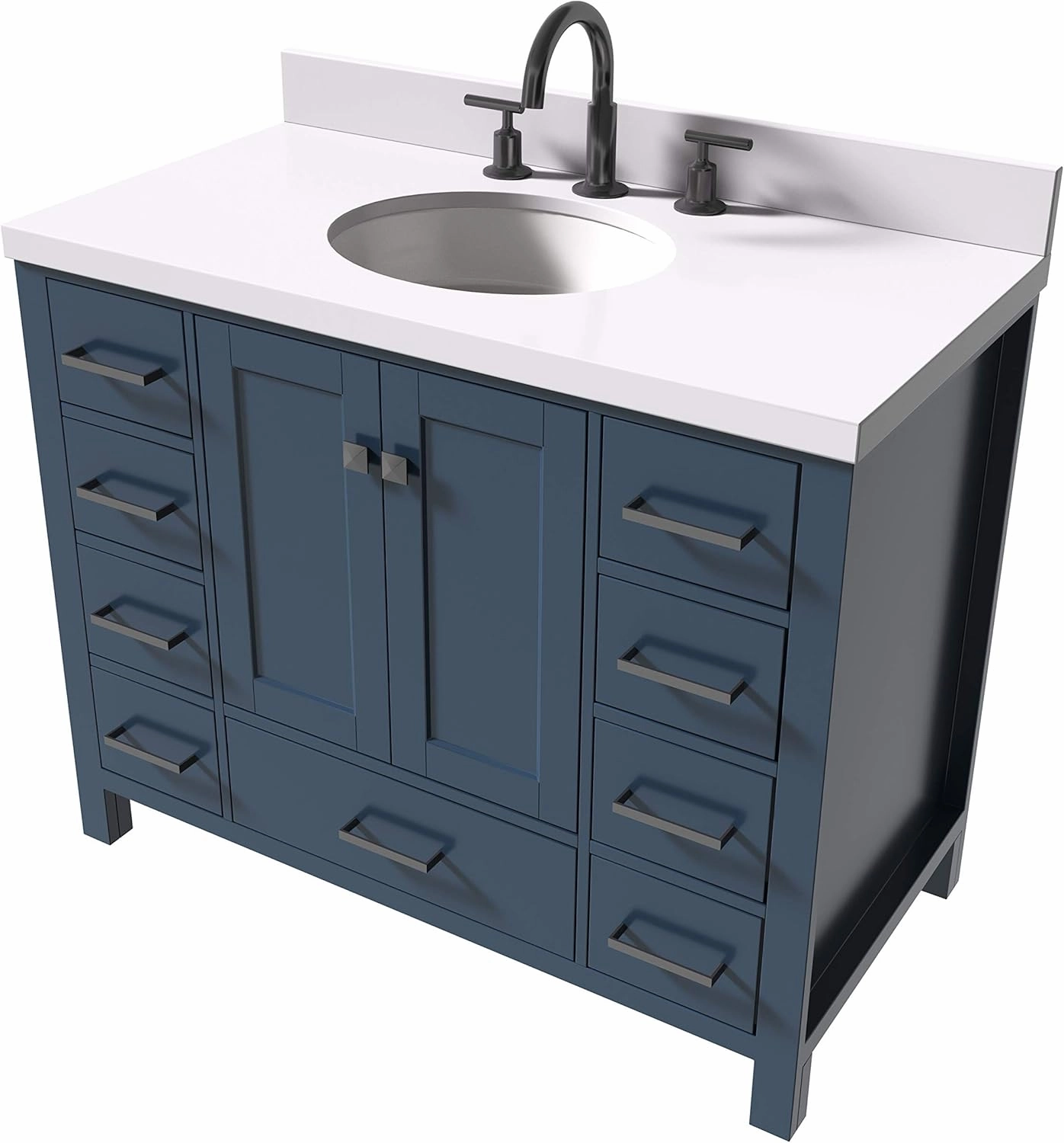 ARIEL Cambridge 43 Inch Bathroom Vanity with Sink, Blue Bathroom Vanity, Solid Wood Midnight Blue Cabinet, Quartz Countertop 1.5" Edge, Undermount Sink, 2 Soft Closing Doors, 9 Drawers, Matte Black