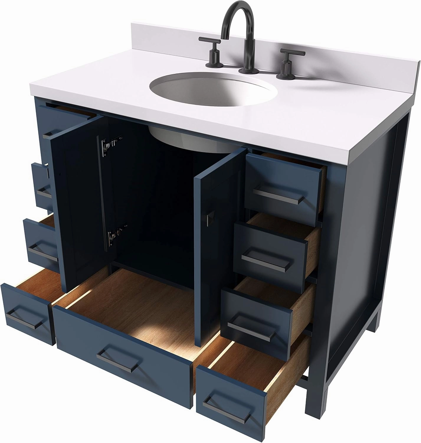 ARIEL Cambridge 43 Inch Bathroom Vanity with Sink, Blue Bathroom Vanity, Solid Wood Midnight Blue Cabinet, Quartz Countertop 1.5" Edge, Undermount Sink, 2 Soft Closing Doors, 9 Drawers, Matte Black
