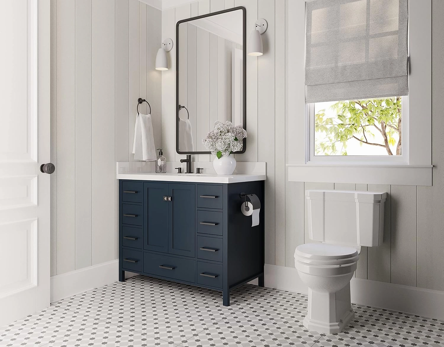 ARIEL Cambridge 43 Inch Bathroom Vanity with Sink, Blue Bathroom Vanity, Solid Wood Midnight Blue Cabinet, Quartz Countertop 1.5" Edge, Undermount Sink, 2 Soft Closing Doors, 9 Drawers, Matte Black