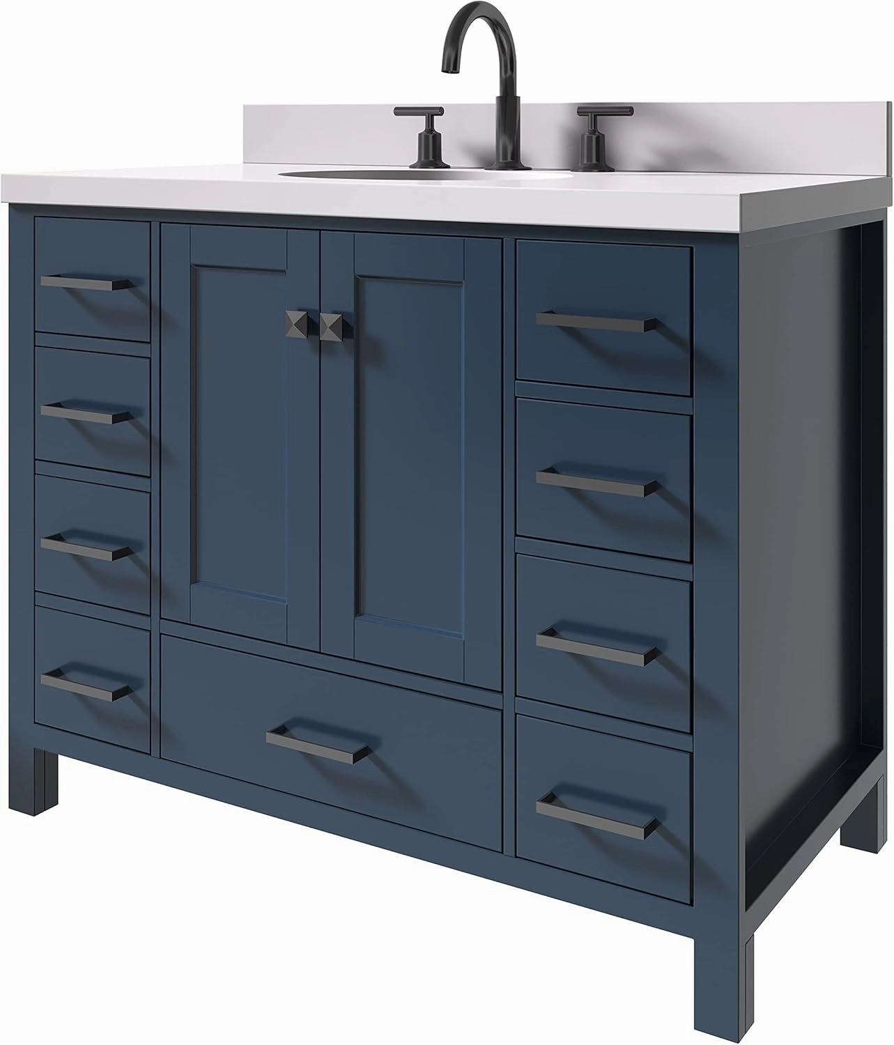ARIEL Cambridge 43 Inch Bathroom Vanity with Sink, Blue Bathroom Vanity, Solid Wood Midnight Blue Cabinet, Quartz Countertop 1.5" Edge, Undermount Sink, 2 Soft Closing Doors, 9 Drawers, Matte Black
