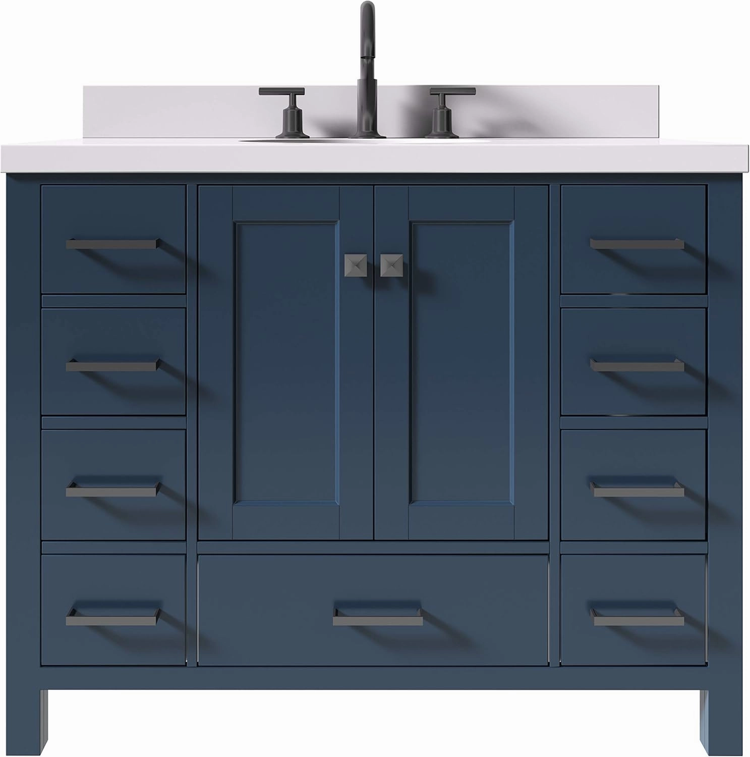 ARIEL Cambridge 43 Inch Bathroom Vanity with Sink, Blue Bathroom Vanity, Solid Wood Midnight Blue Cabinet, Quartz Countertop 1.5" Edge, Undermount Sink, 2 Soft Closing Doors, 9 Drawers, Matte Black