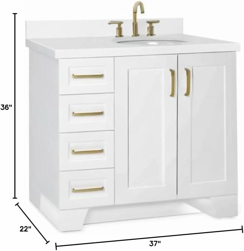 ARIEL Taylor 37 Inch White Bathroom Vanity with Sink, Solid Wood Bathroom Vanity Base Cabinet, White Quartz Countertop 1.5-Inch Edge, Right Oval Single Sink, 2 Soft Closing Doors, 5 Drawers