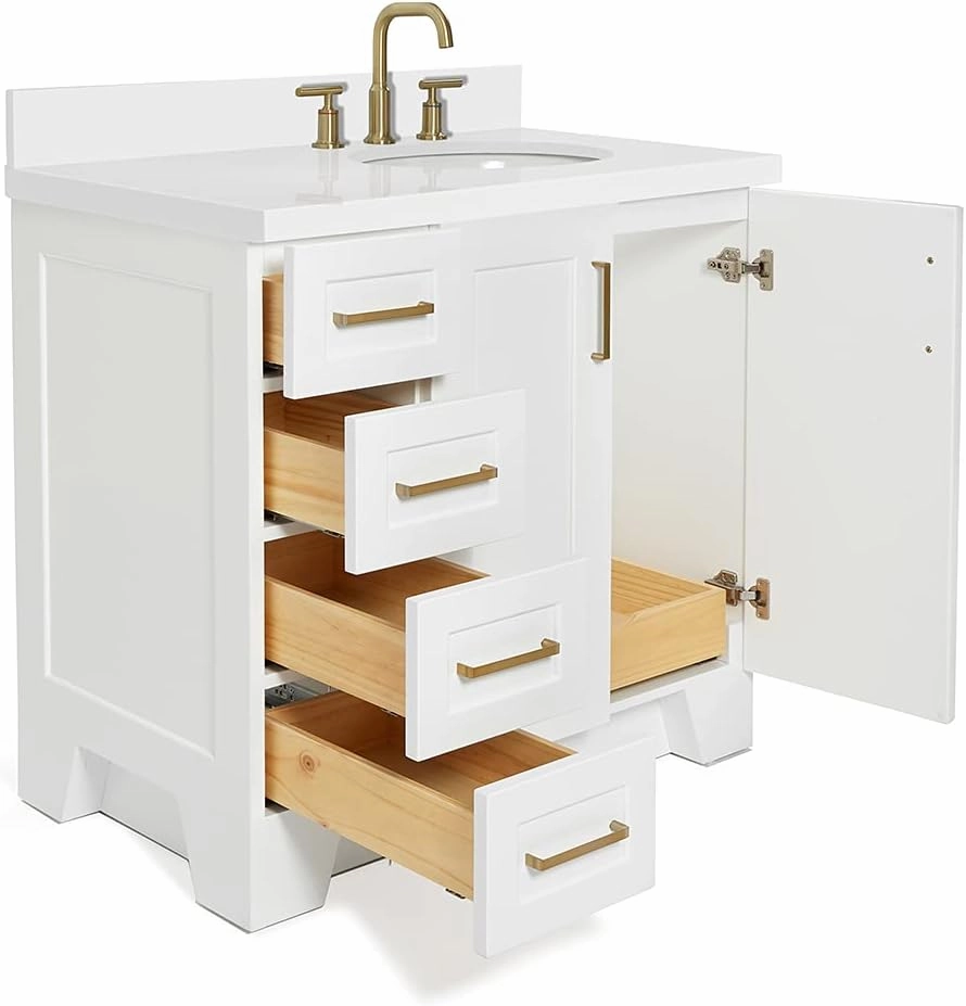 ARIEL Taylor 37 Inch White Bathroom Vanity with Sink, Solid Wood Bathroom Vanity Base Cabinet, White Quartz Countertop 1.5-Inch Edge, Right Oval Single Sink, 2 Soft Closing Doors, 5 Drawers