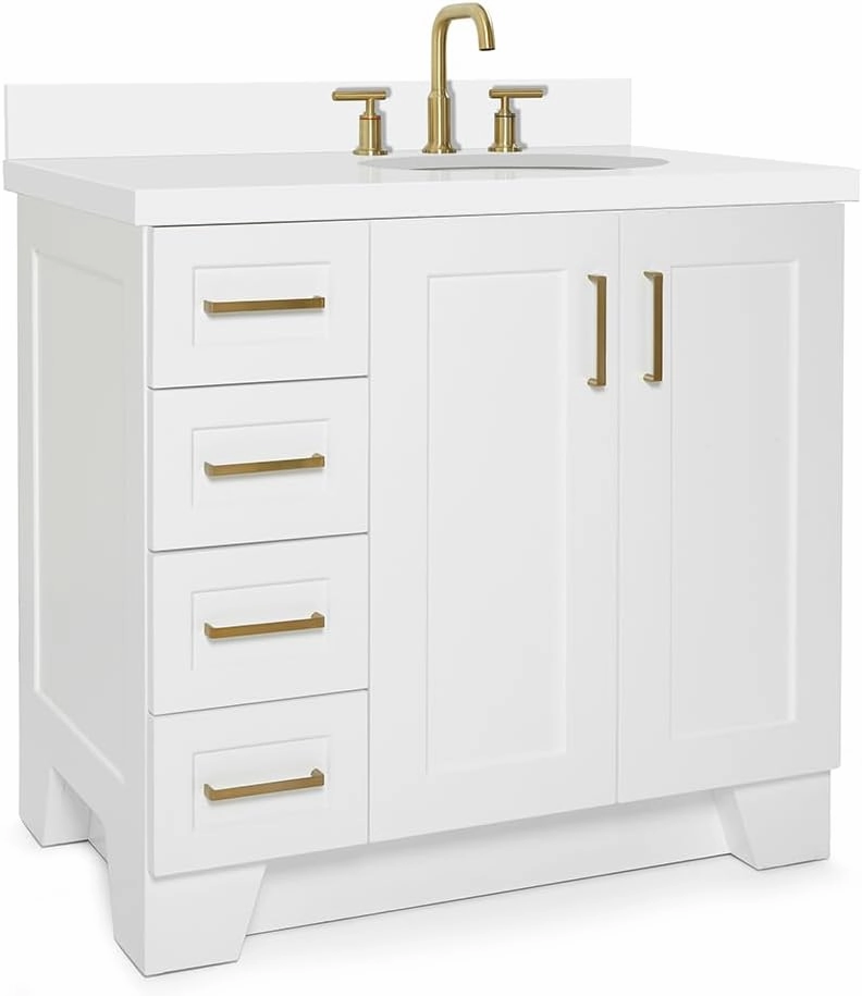 ARIEL Taylor 37 Inch White Bathroom Vanity with Sink, Solid Wood Bathroom Vanity Base Cabinet, White Quartz Countertop 1.5-Inch Edge, Right Oval Single Sink, 2 Soft Closing Doors, 5 Drawers