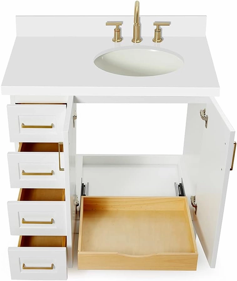 ARIEL Taylor 37 Inch White Bathroom Vanity with Sink, Solid Wood Bathroom Vanity Base Cabinet, White Quartz Countertop 1.5-Inch Edge, Right Oval Single Sink, 2 Soft Closing Doors, 5 Drawers