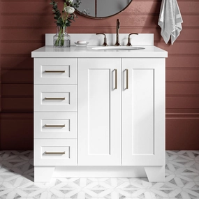ARIEL Taylor 37 Inch White Bathroom Vanity with Sink, Solid Wood Bathroom Vanity Base Cabinet, White Quartz Countertop 1.5-Inch Edge, Right Oval Single Sink, 2 Soft Closing Doors, 5 Drawers
