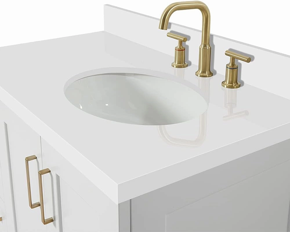 ARIEL Taylor 37 Inch White Bathroom Vanity with Sink, Solid Wood Bathroom Vanity Base Cabinet, White Quartz Countertop 1.5-Inch Edge, Right Oval Single Sink, 2 Soft Closing Doors, 5 Drawers