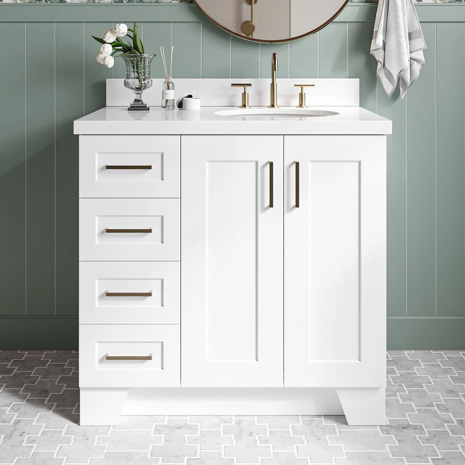 ARIEL Taylor 37 Inch White Bathroom Vanity with Sink, Solid Wood Bathroom Vanity Base Cabinet, White Quartz Countertop 1.5-Inch Edge, Right Oval Single Sink, 2 Soft Closing Doors, 5 Drawers