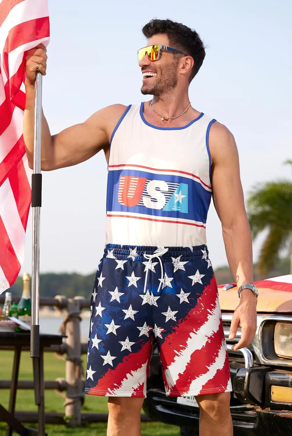 Arvilhill Men American Flag Shorts Patriotic Stars Stripes SweatShorts with Elastic Waistband (S-3XL)