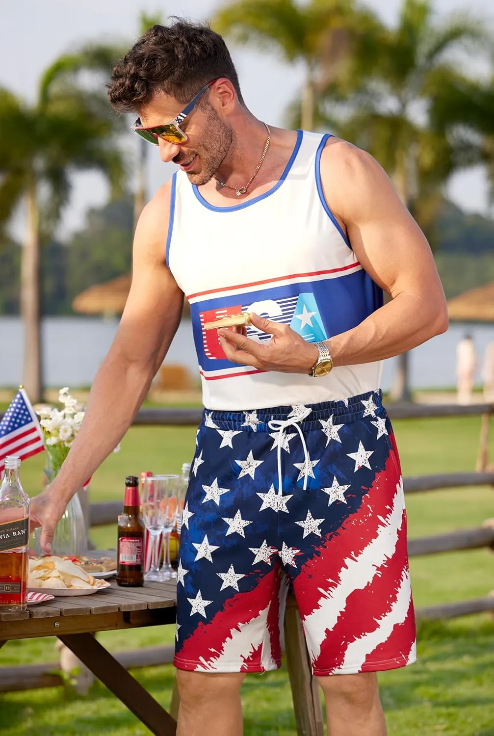 Arvilhill Men American Flag Shorts Patriotic Stars Stripes SweatShorts with Elastic Waistband (S-3XL)