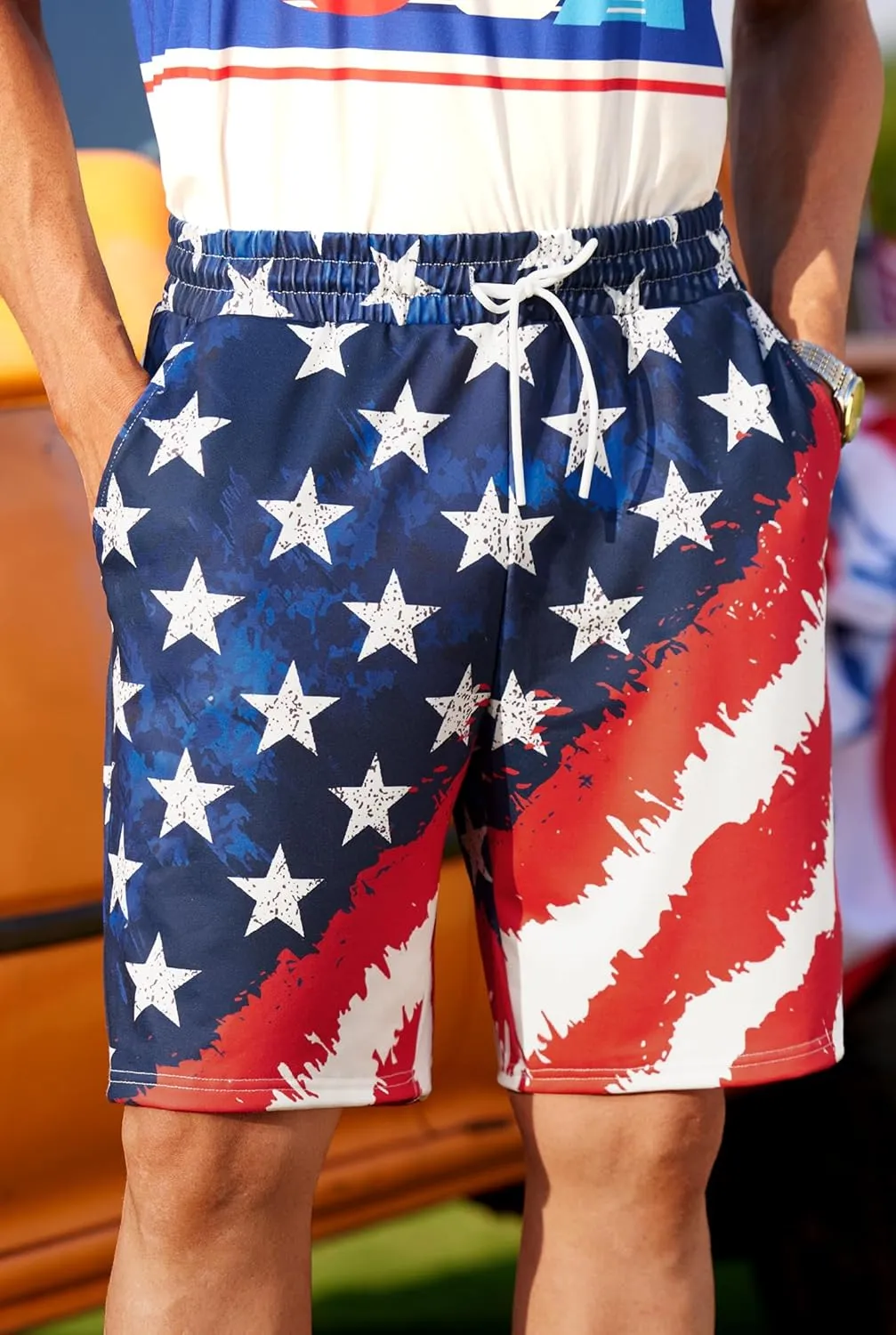 Arvilhill Men American Flag Shorts Patriotic Stars Stripes SweatShorts with Elastic Waistband (S-3XL)
