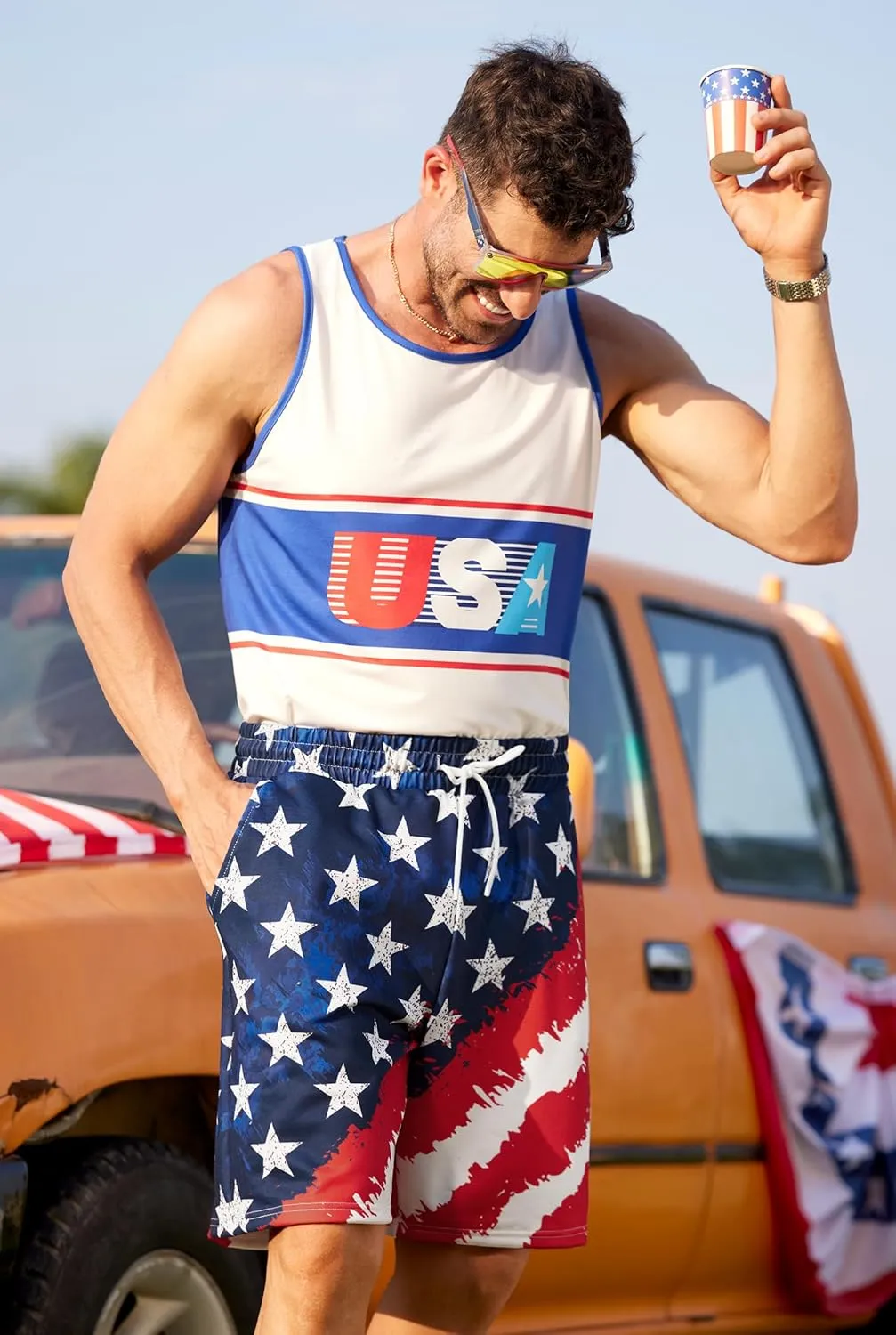 Arvilhill Men American Flag Shorts Patriotic Stars Stripes SweatShorts with Elastic Waistband (S-3XL)
