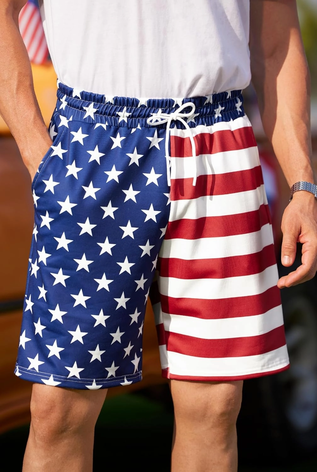 Arvilhill Men American Flag Shorts Patriotic Stars Stripes SweatShorts with Elastic Waistband (S-3XL)