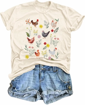 ASTANFY Chicken Shirt Women Wildflower Chicken Shirt Cute Chicken Mom T-Shirt Farm Country Casual Tee Tops