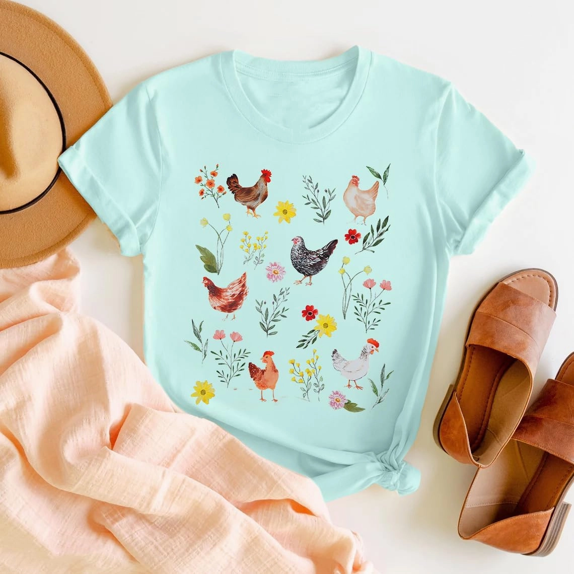 ASTANFY Chicken Shirt Women Wildflower Chicken Shirt Cute Chicken Mom T-Shirt Farm Country Casual Tee Tops