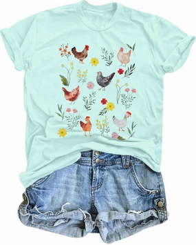 ASTANFY Chicken Shirt Women Wildflower Chicken Shirt Cute Chicken Mom T-Shirt Farm Country Casual Tee Tops
