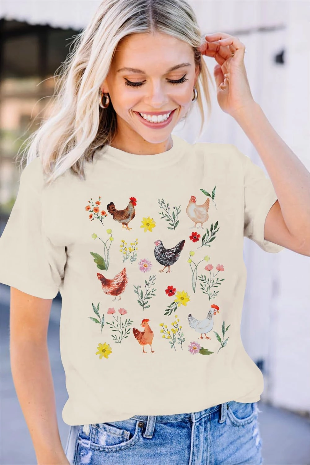 ASTANFY Chicken Shirt Women Wildflower Chicken Shirt Cute Chicken Mom T-Shirt Farm Country Casual Tee Tops