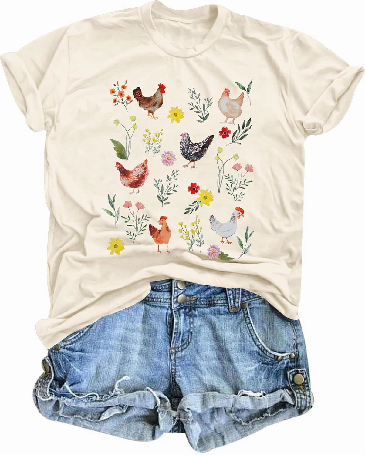 ASTANFY Chicken Shirt Women Wildflower Chicken Shirt Cute Chicken Mom T-Shirt Farm Country Casual Tee Tops