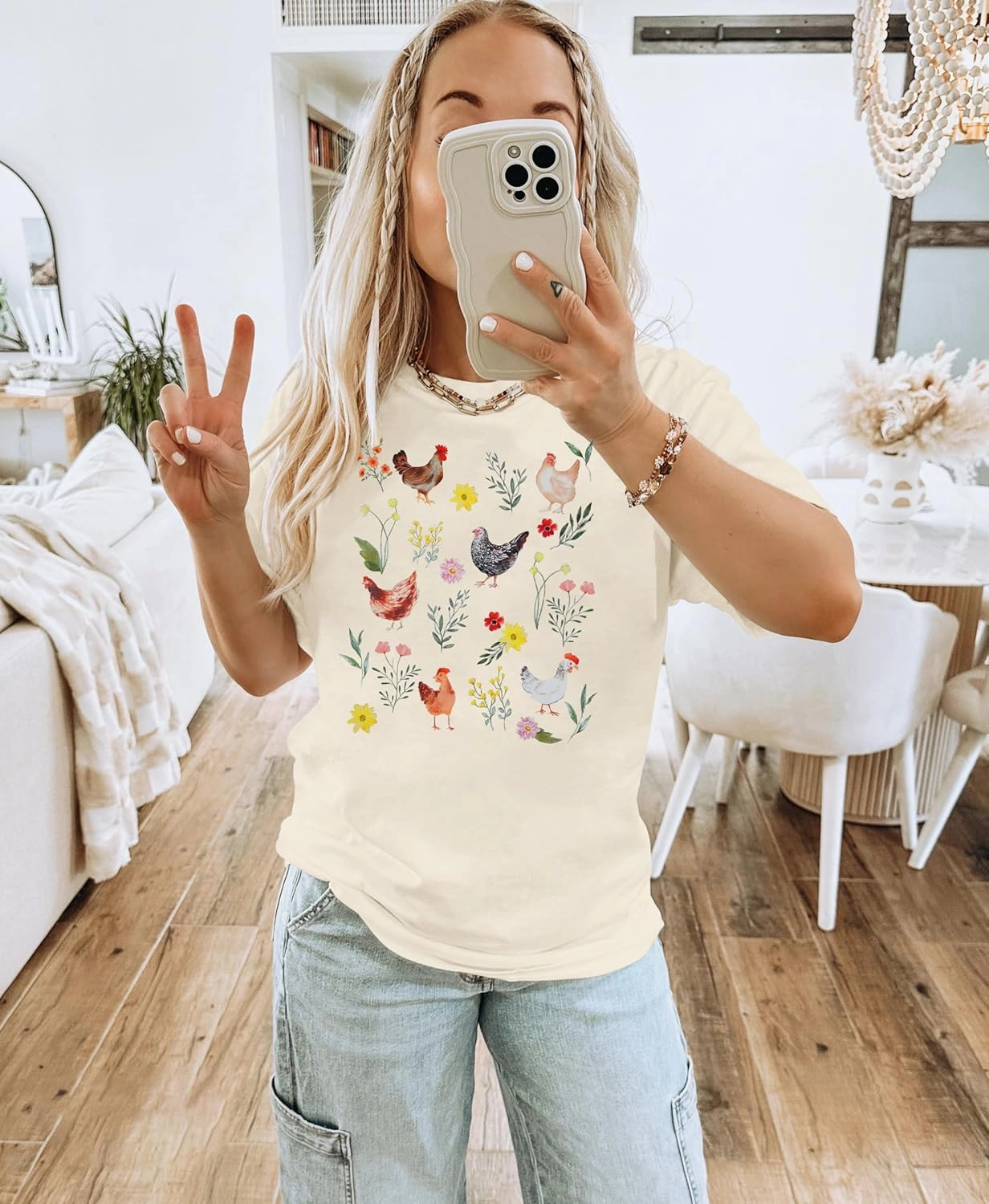 ASTANFY Chicken Shirt Women Wildflower Chicken Shirt Cute Chicken Mom T-Shirt Farm Country Casual Tee Tops