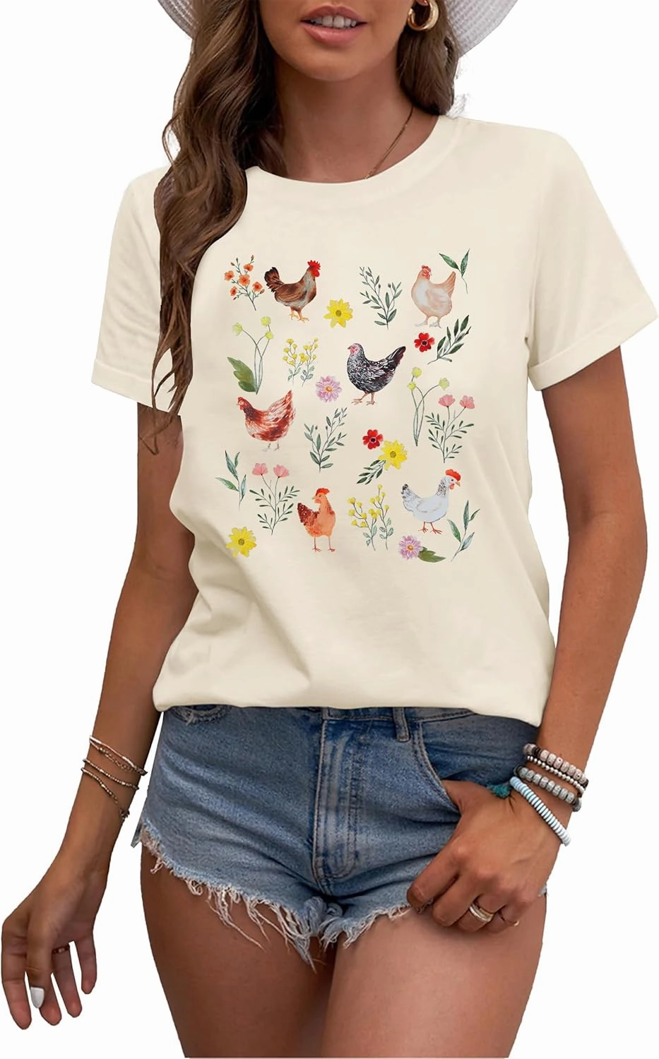 ASTANFY Chicken Shirt Women Wildflower Chicken Shirt Cute Chicken Mom T-Shirt Farm Country Casual Tee Tops