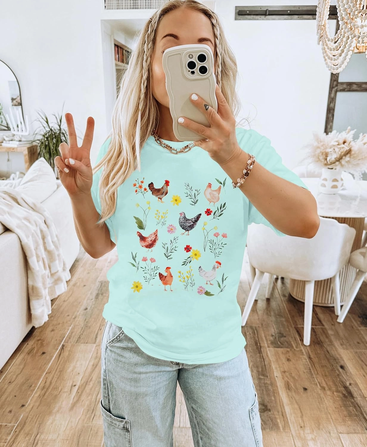 ASTANFY Chicken Shirt Women Wildflower Chicken Shirt Cute Chicken Mom T-Shirt Farm Country Casual Tee Tops