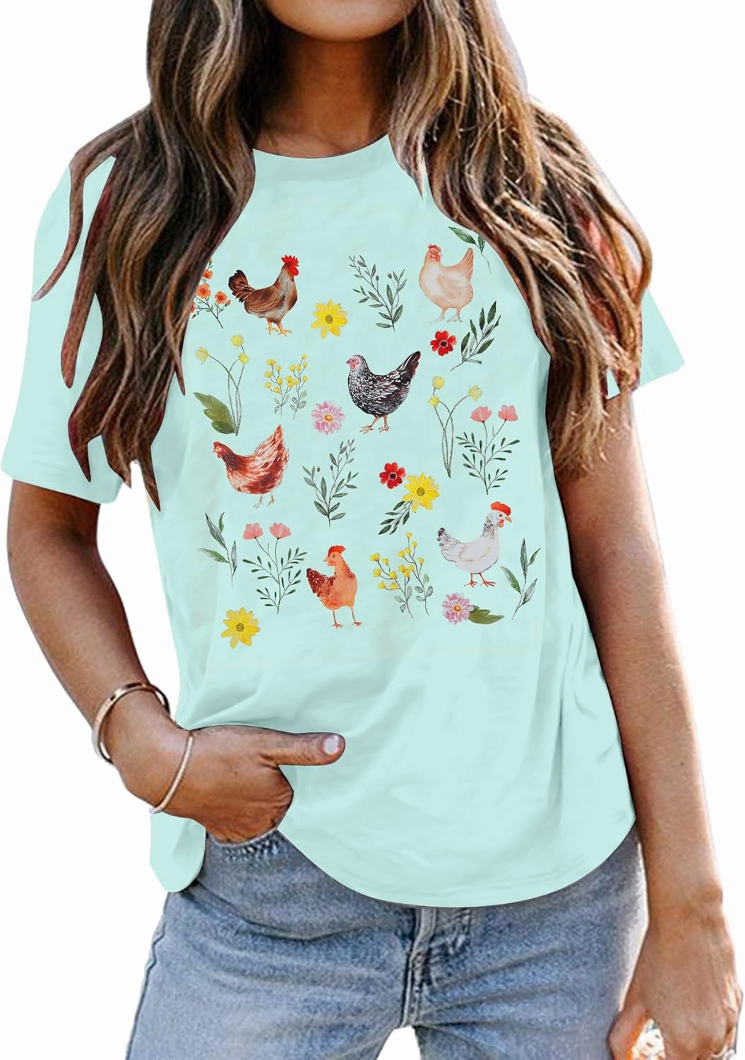 ASTANFY Chicken Shirt Women Wildflower Chicken Shirt Cute Chicken Mom T-Shirt Farm Country Casual Tee Tops
