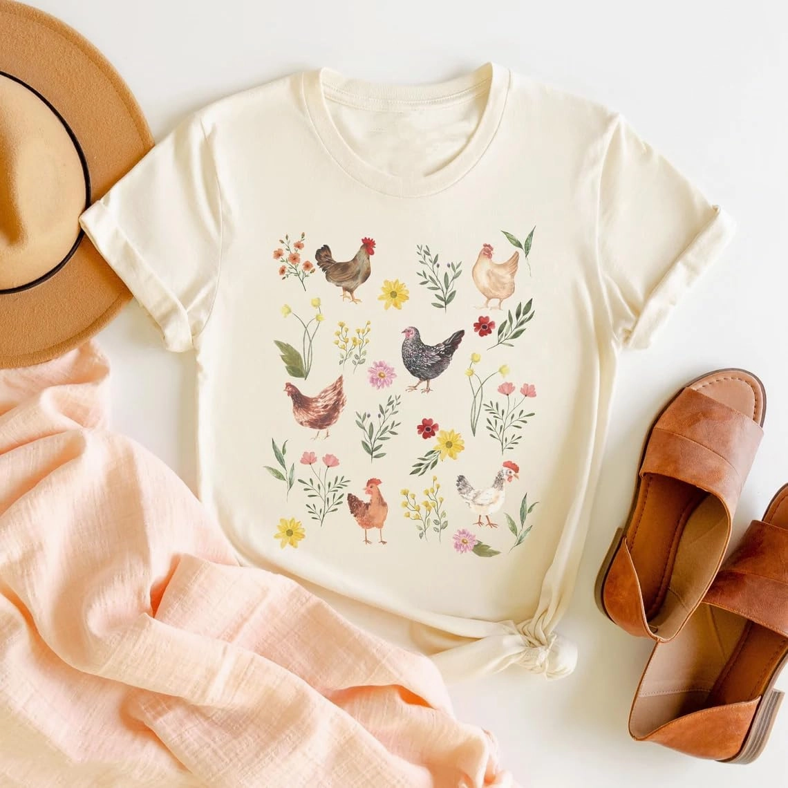 ASTANFY Chicken Shirt Women Wildflower Chicken Shirt Cute Chicken Mom T-Shirt Farm Country Casual Tee Tops