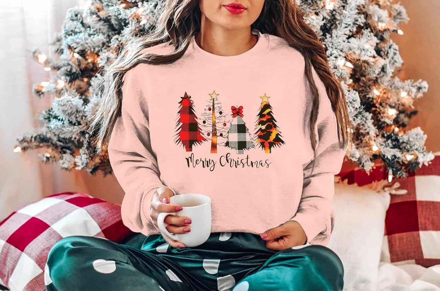 ASTANFY Merry Christmas Sweatshirt for Women Drop Shoulder Long Sleeve Christmas Tree Pullover Lightweight Shirt