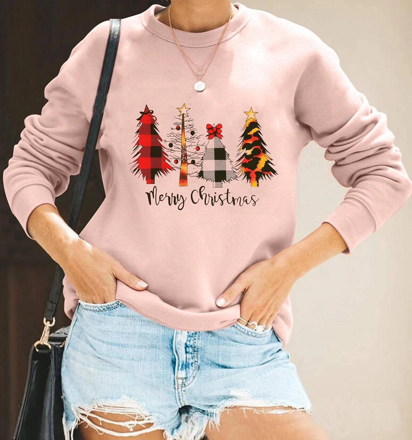 ASTANFY Merry Christmas Sweatshirt for Women Drop Shoulder Long Sleeve Christmas Tree Pullover Lightweight Shirt