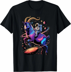 Astronaut Rides Goat Space Stars Comets Galaxy Planets T-Shirt