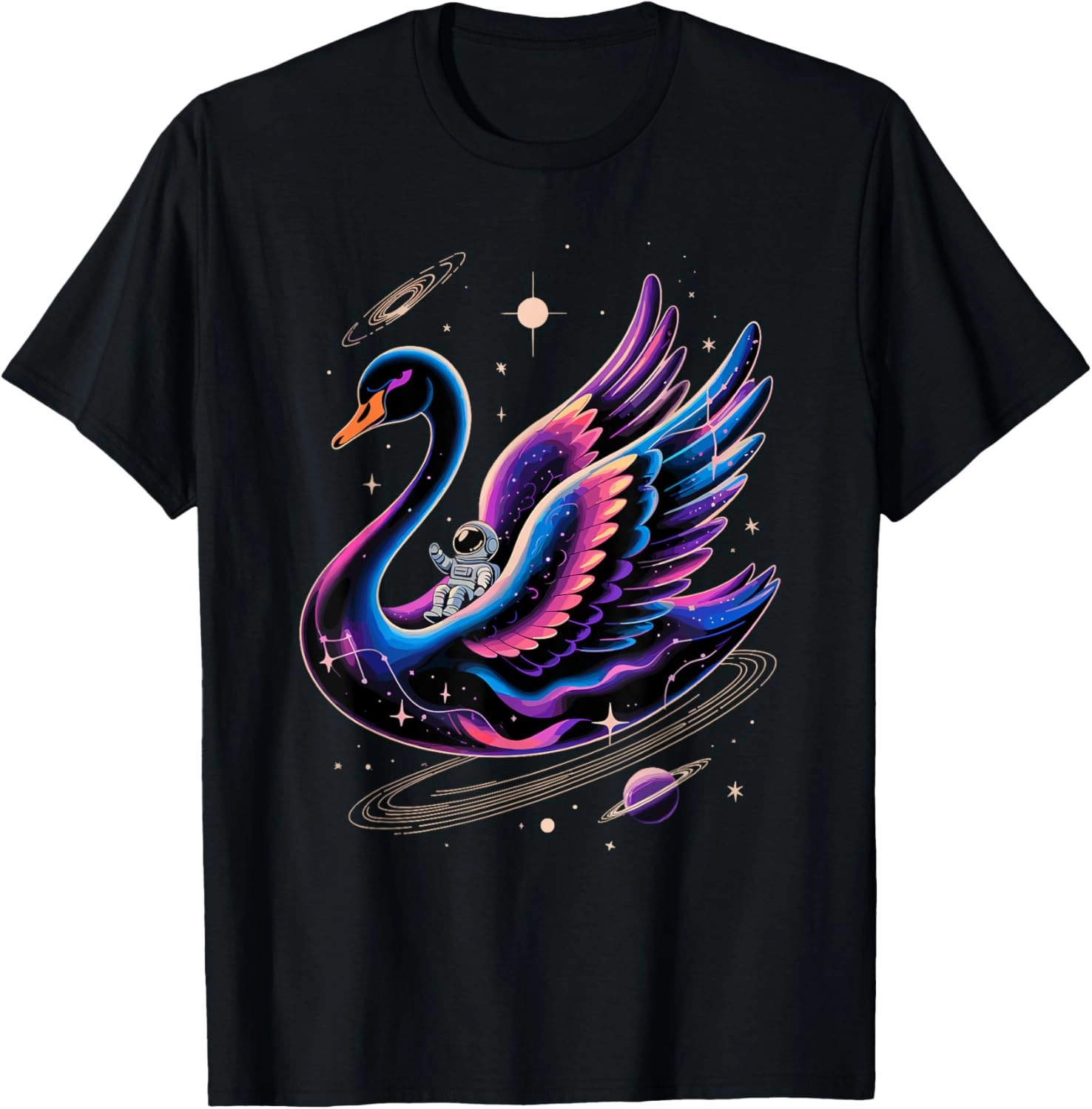 Astronaut Riding Swan Space Stars Galaxy Planets T-Shirt