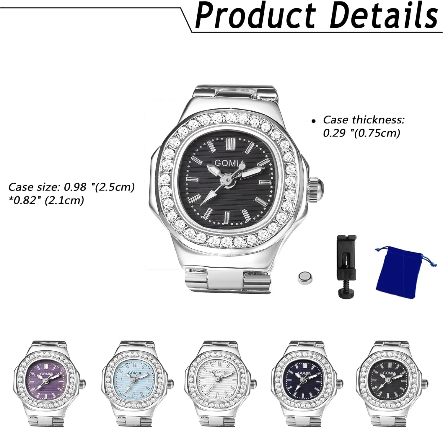 Avaner Finger Watch, Stainless Steel Band Ring Watches, Adjustable Ring Watches, 1-5 Pack Mini Quartz Watch for Men and Women