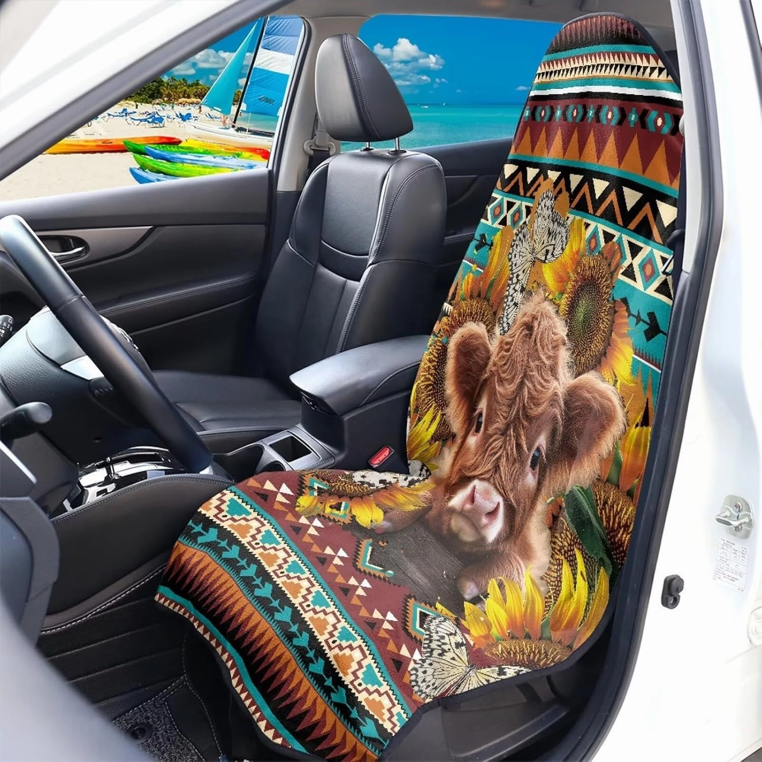 Aztec Highland Cow Car Seat Towel Cover Front Car Seat Covers Universal Front Seat Cover Waterproof Soft Auto Seat Covers Anti-Slip Universal Fit for Auto Truck Van SUV