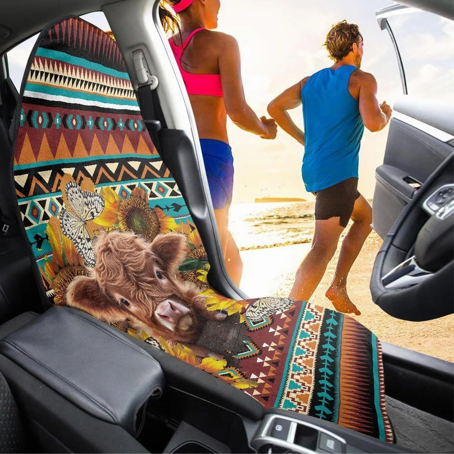 Aztec Highland Cow Car Seat Towel Cover Front Car Seat Covers Universal Front Seat Cover Waterproof Soft Auto Seat Covers Anti-Slip Universal Fit for Auto Truck Van SUV