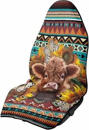 Aztec Highland Cow Car Seat Towel Cover Front Car Seat Covers Universal Front Seat Cover Waterproof Soft Auto Seat Covers Anti-Slip Universal Fit for Auto Truck Van SUV
