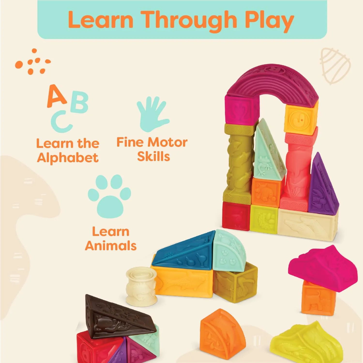 B. toys- B. baby- Elemenosqueeze- Baby Blocks- 26 Soft Sort & Stack Blocks With Alphabet – Architectural Building Blocks – Shapes, Letters & Animals – 6 Months  