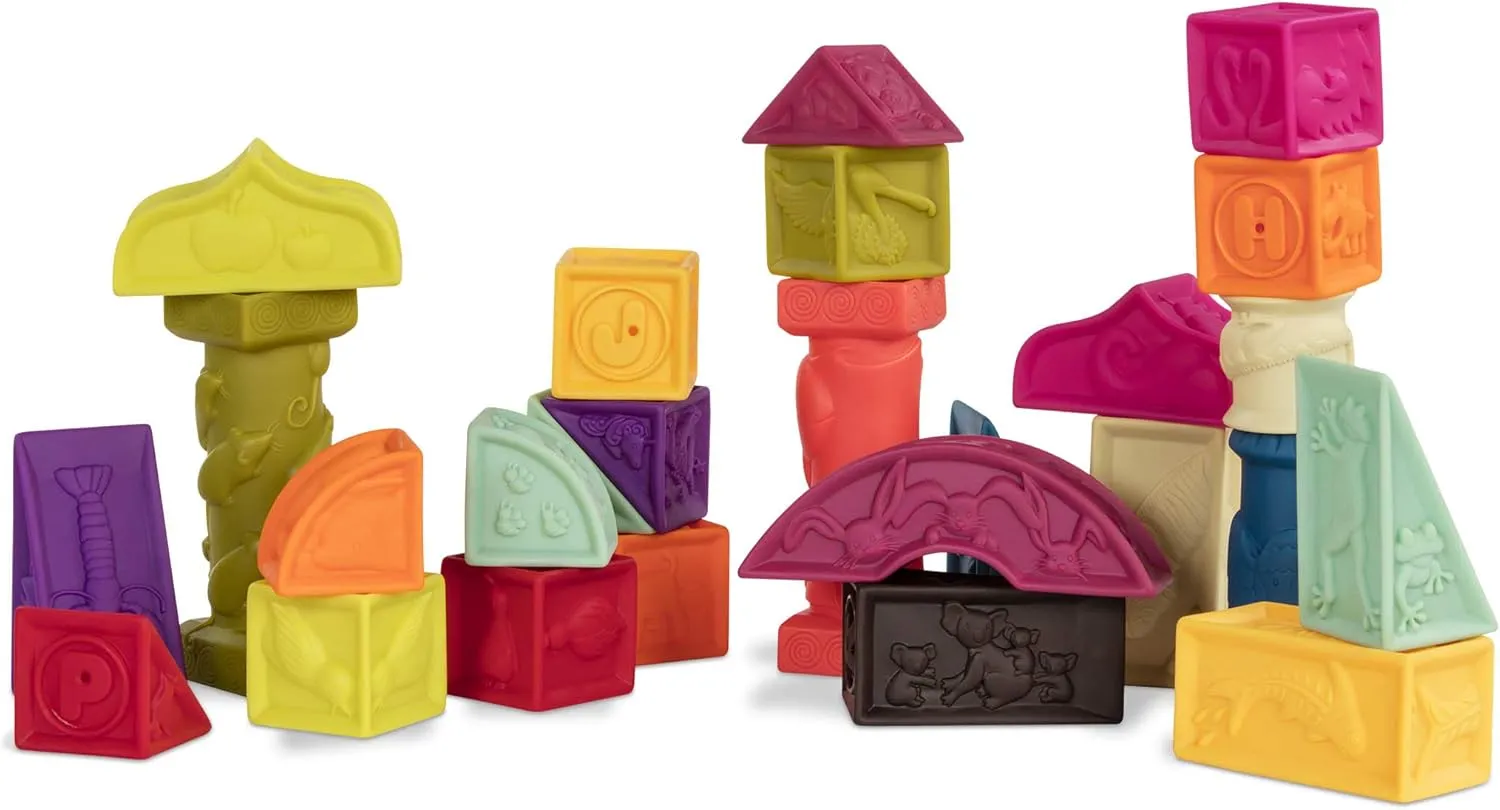 B. toys- B. baby- Elemenosqueeze- Baby Blocks- 26 Soft Sort & Stack Blocks With Alphabet – Architectural Building Blocks – Shapes, Letters & Animals – 6 Months  