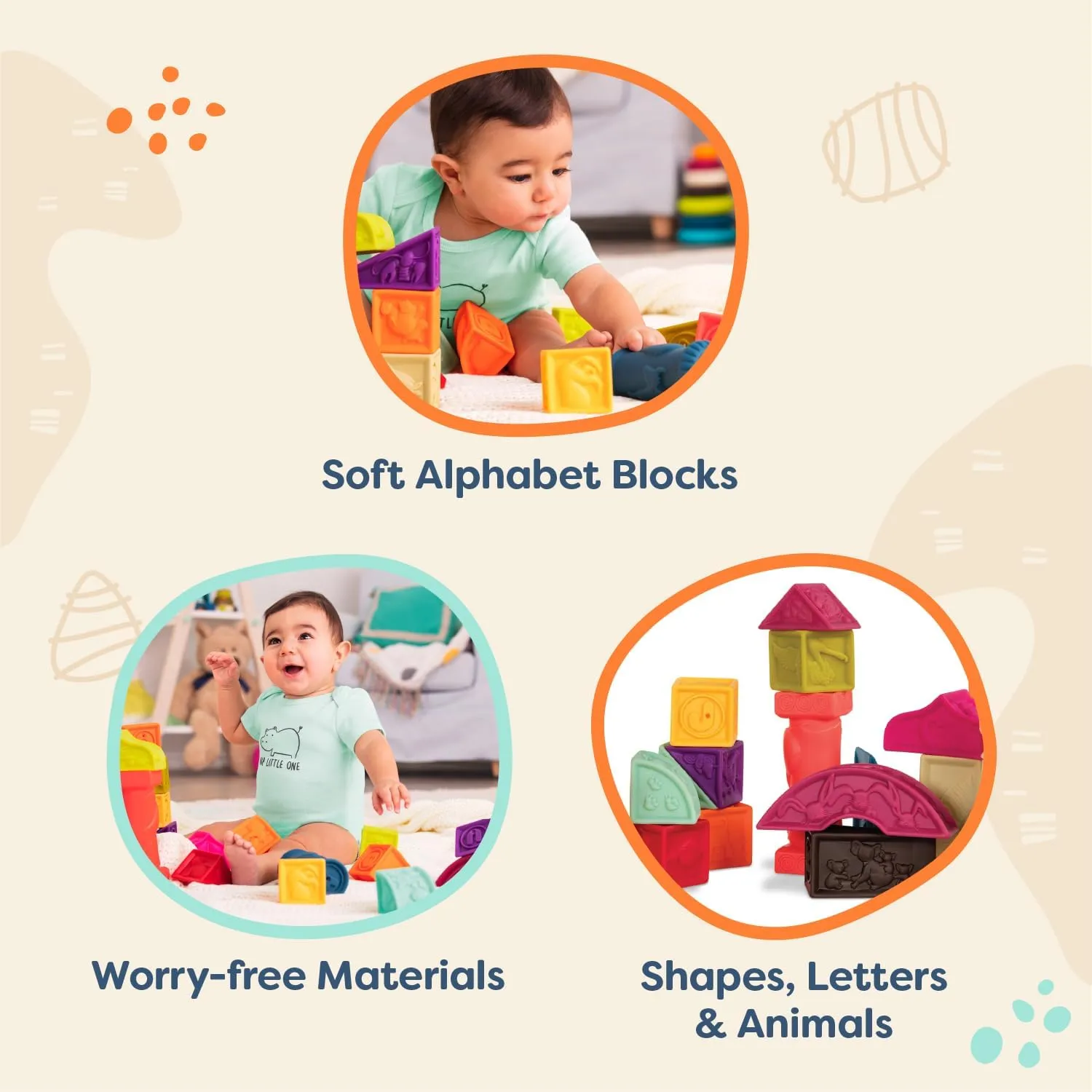 B. toys- B. baby- Elemenosqueeze- Baby Blocks- 26 Soft Sort & Stack Blocks With Alphabet – Architectural Building Blocks – Shapes, Letters & Animals – 6 Months  