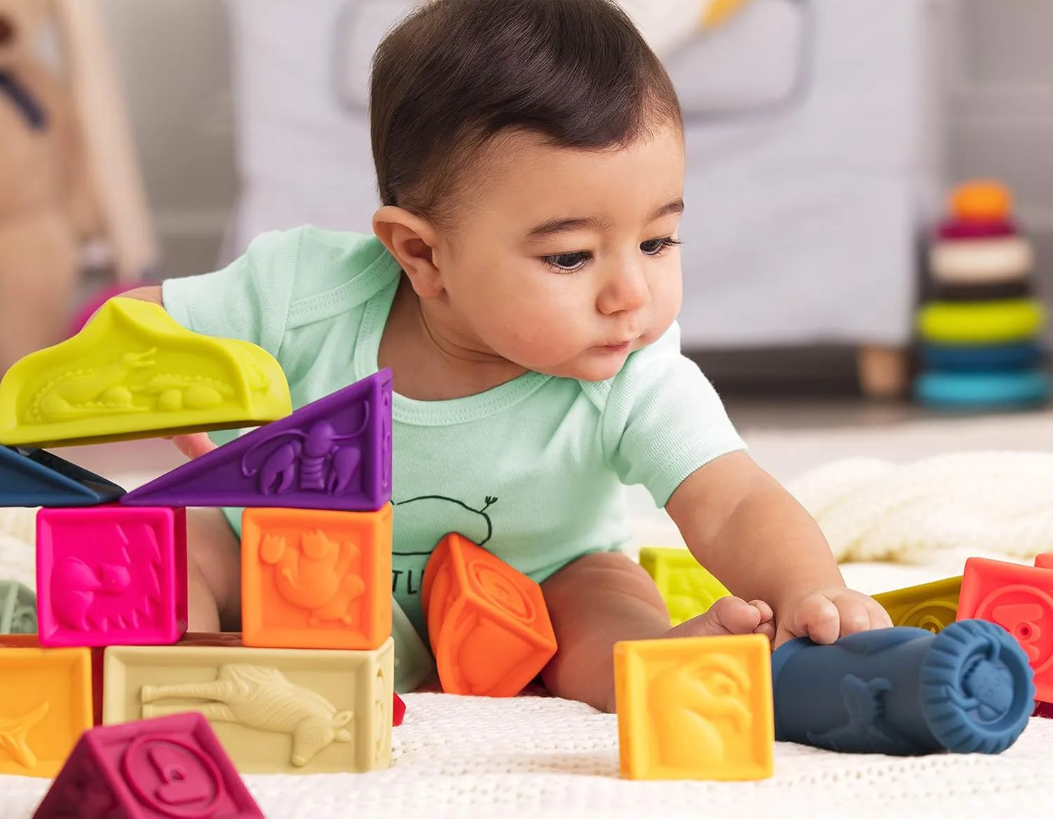 B. toys- B. baby- Elemenosqueeze- Baby Blocks- 26 Soft Sort & Stack Blocks With Alphabet – Architectural Building Blocks – Shapes, Letters & Animals – 6 Months  