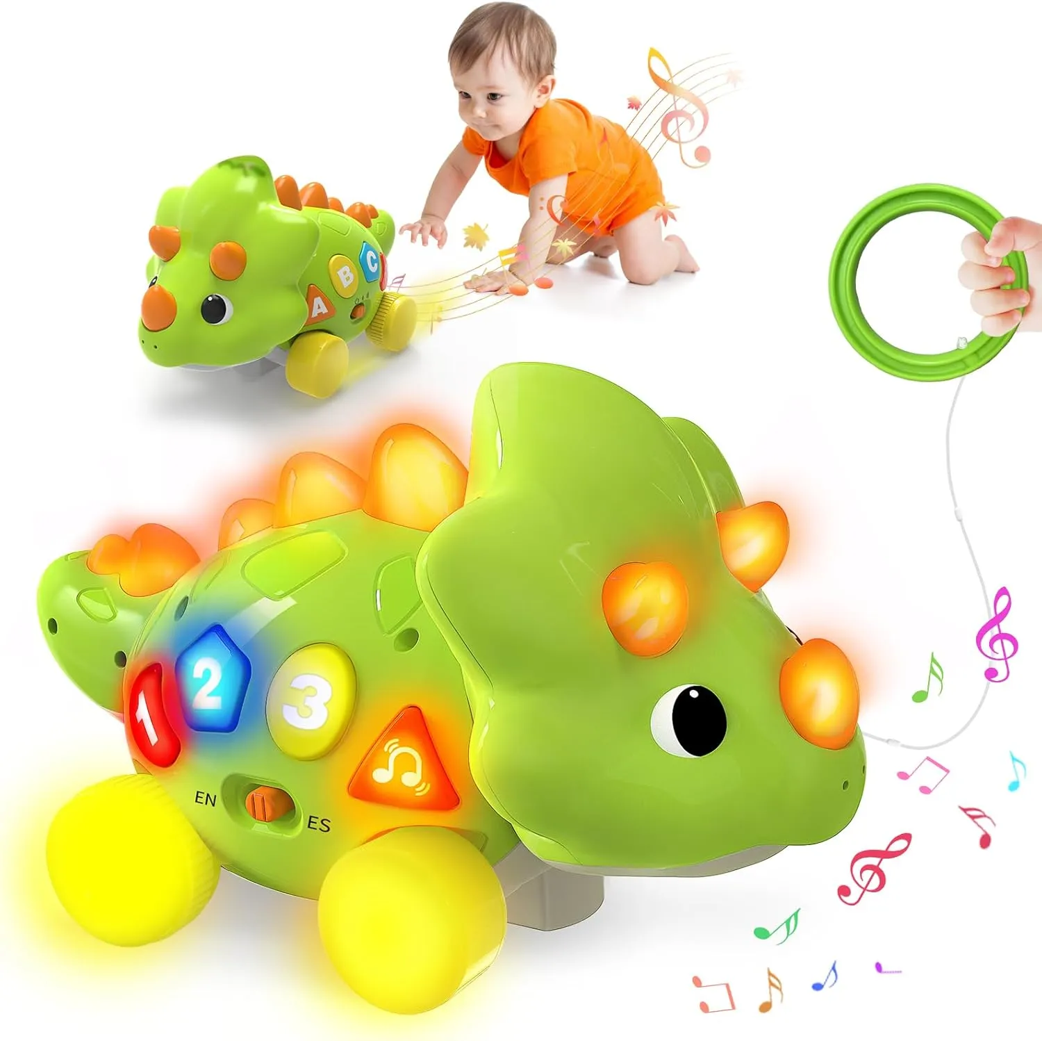 Baby Toys for 1 Year Old Boy Girl - Bilingual Musical Dinosaur Toy, Touch & Go Musical Light Crawling Educational Learning Toys for Toddlers 1-3, Christmas Birthday Gifts
