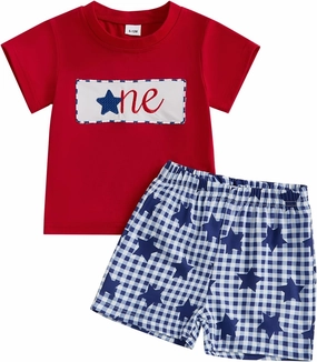 Baby 4th of July Outfit Star Letter Embroidered Short Sleeve Tops Plaid Elastic Waist Shorts 2Pcs Set