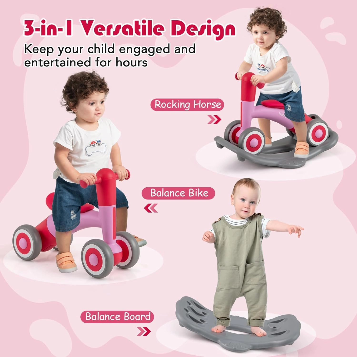 BABY JOY 3 in 1 Rocking Horse, Kids Ride on Toy Balance Bike w/ 4 Smooth Wheels, Detachable Balance Board and Height Adjustable Seat, Baby Rocking Toy for Boys Girls 1-3 Years Old (Rose Pink)