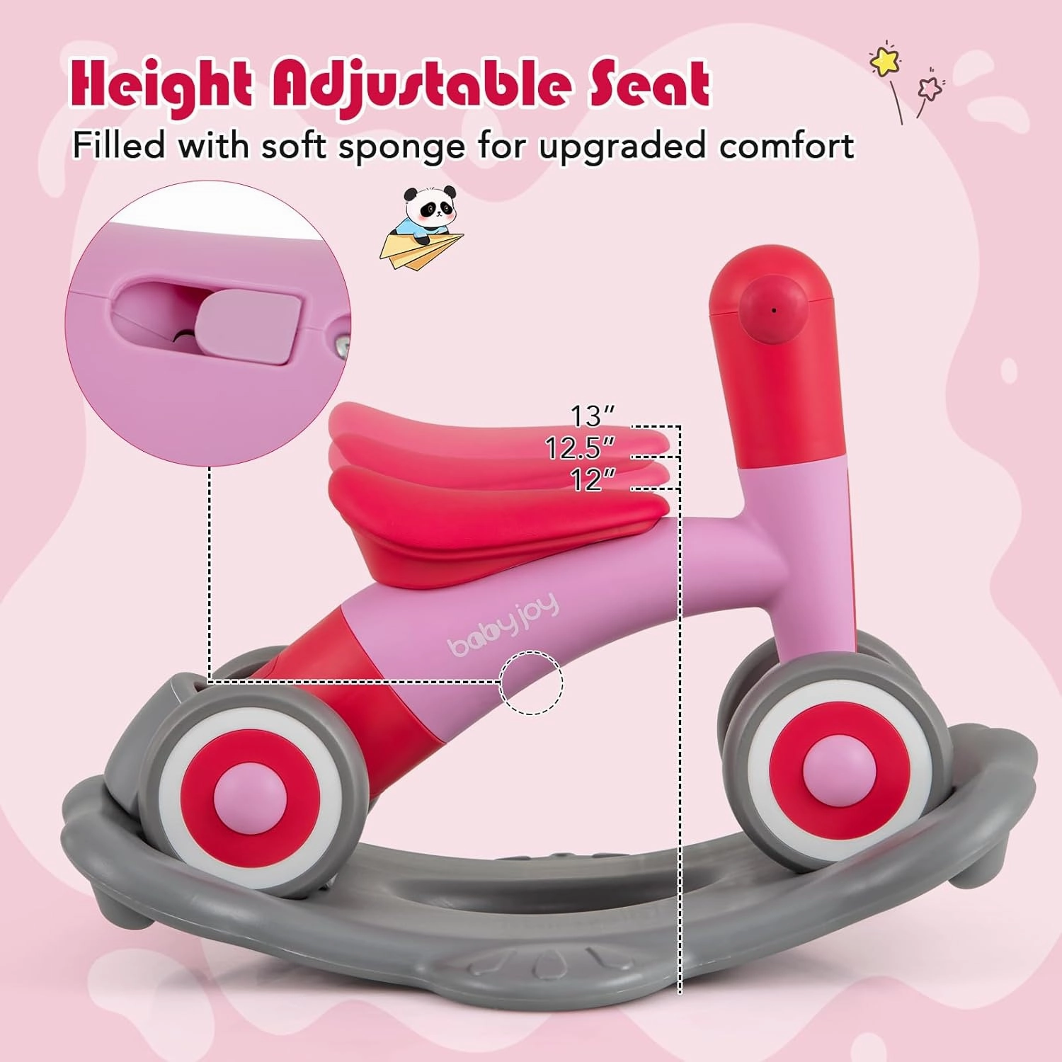 BABY JOY 3 in 1 Rocking Horse, Kids Ride on Toy Balance Bike w/ 4 Smooth Wheels, Detachable Balance Board and Height Adjustable Seat, Baby Rocking Toy for Boys Girls 1-3 Years Old (Rose Pink)