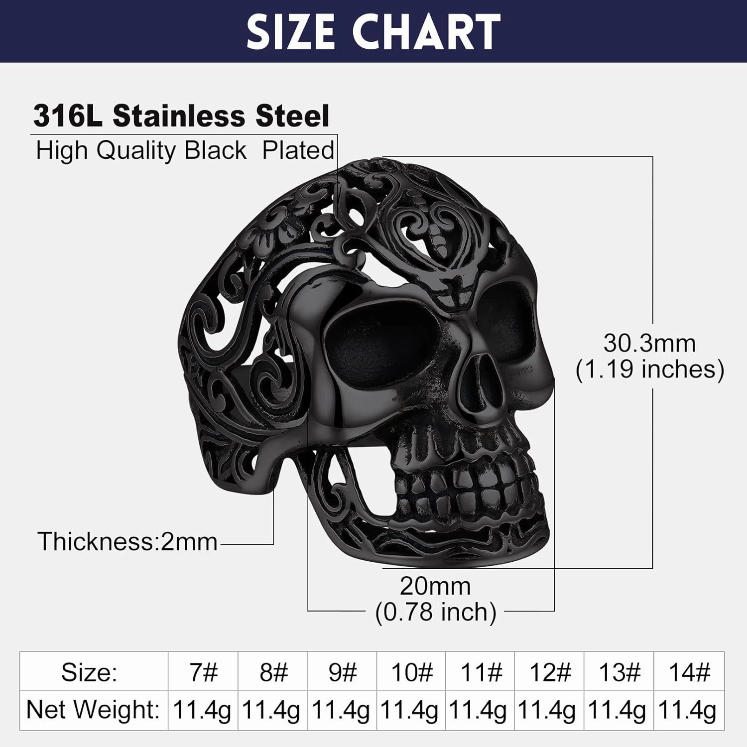 Bandmax Mens Skull Rings, Stainless Steel Skull Skeleton Band Rings for Men Women Gothic Punk Biker Rings Size 7-14