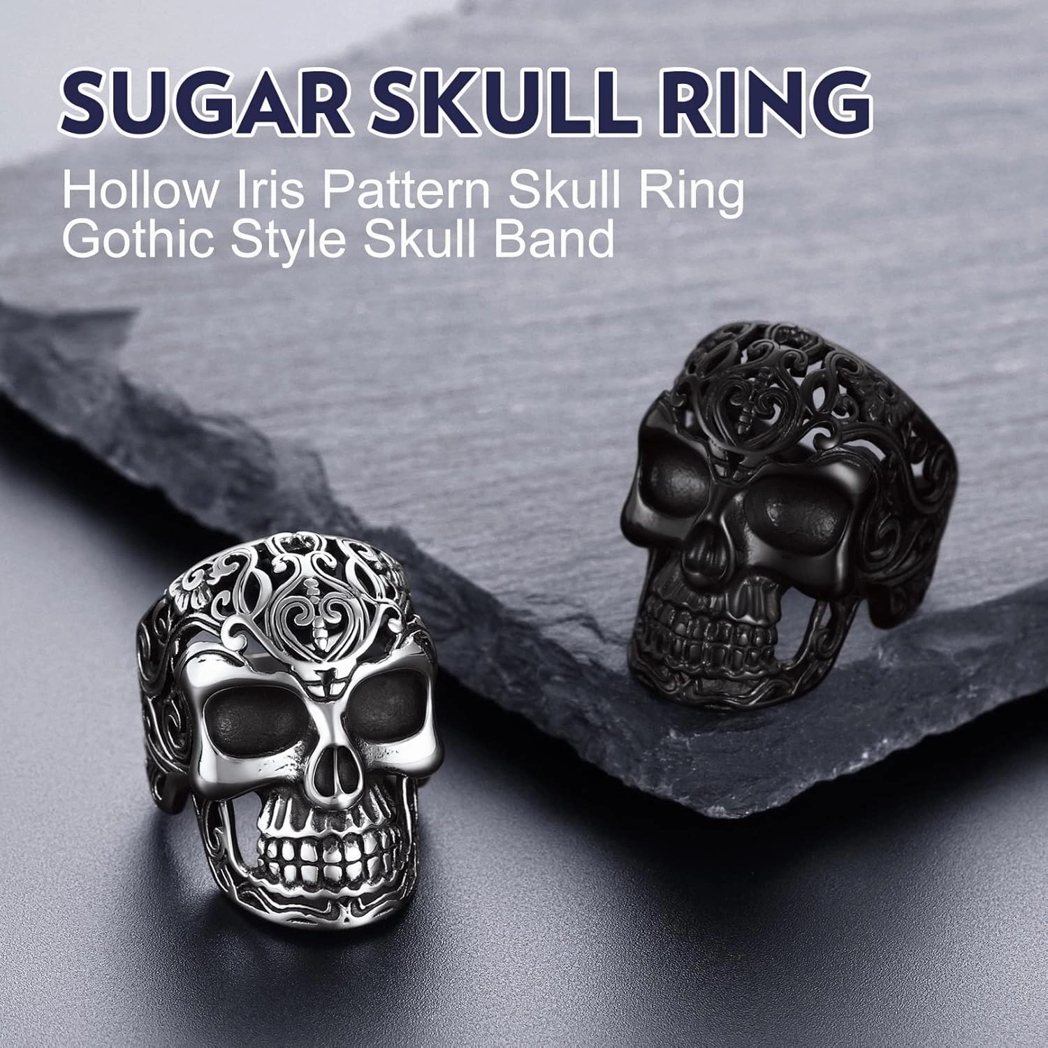 Bandmax Mens Skull Rings, Stainless Steel Skull Skeleton Band Rings for Men Women Gothic Punk Biker Rings Size 7-14