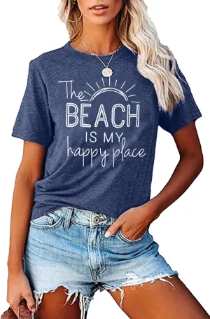 Beach Shirt Women The Beach is My Happy Place T Shirt Short Sleeve Casual Summer Vacation Tees Top