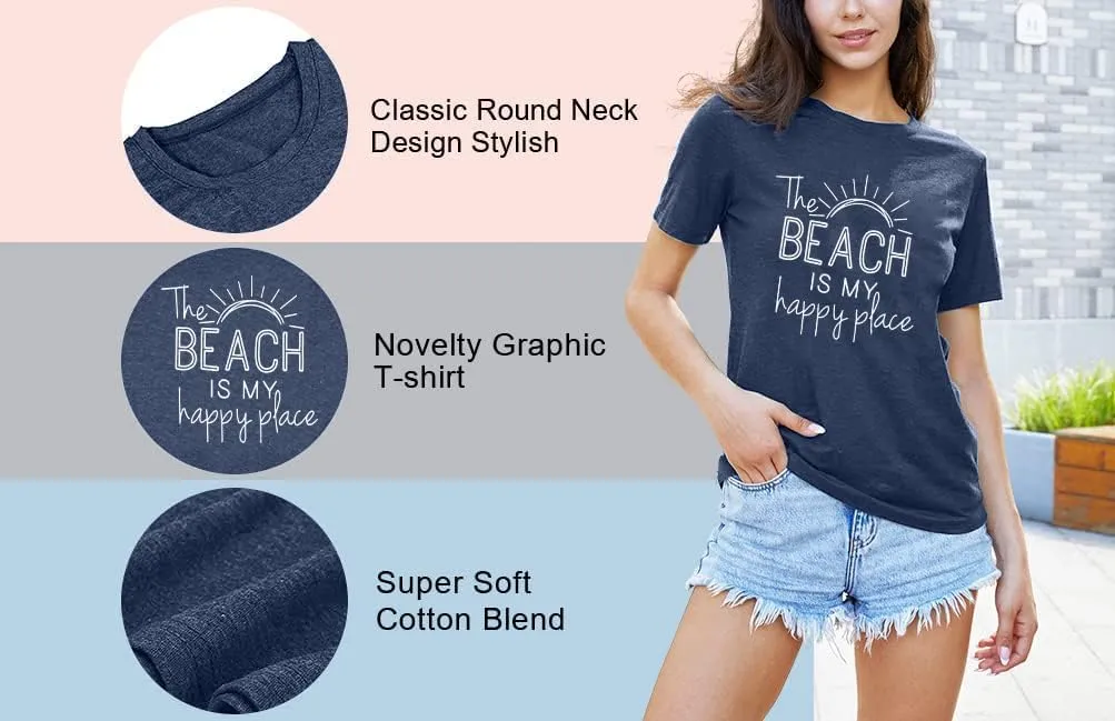 Beach Shirt Women The Beach is My Happy Place T Shirt Short Sleeve Casual Summer Vacation Tees Top