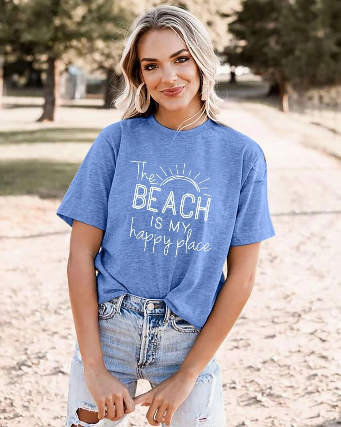 Beach Shirt Women The Beach is My Happy Place T Shirt Short Sleeve Casual Summer Vacation Tees Top