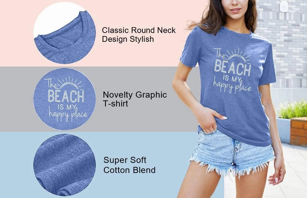 Beach Shirt Women The Beach is My Happy Place T Shirt Short Sleeve Casual Summer Vacation Tees Top